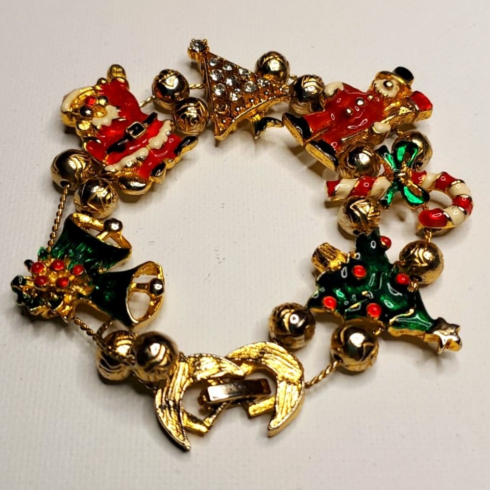 Vintage Christmas Slide Charm Bracelet Enameled Charms Goldtone